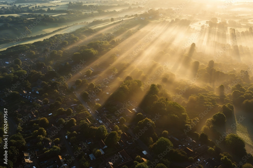 Poster an aerial view of a city with a lush green landscape filled with trees. this image captures the beau