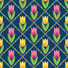 Spring floral seamless pattern with stylized tulips. Modern geometric background with abstract pink and yellow flowers. Texture for wallpaper, paper, tile, textile, fabric, home decor