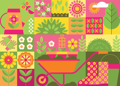 Gardening geometric mosaic background with flowers, spotus, fllowers in pots, cart, boots, watering can. Bright abstract sping poster with gardening accessories and blooming plants.
