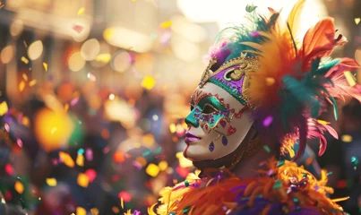 Papier Peint photo autocollant Brésil Mardi Gras  with masked man floating confetti , Mask carnival Festival parade participant 