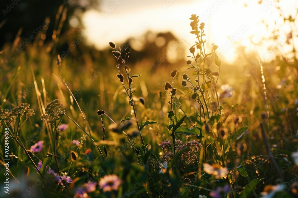 Aufkleber a beautiful field of wildflowers with the sun setting in the background. perfect for nature enthusia
