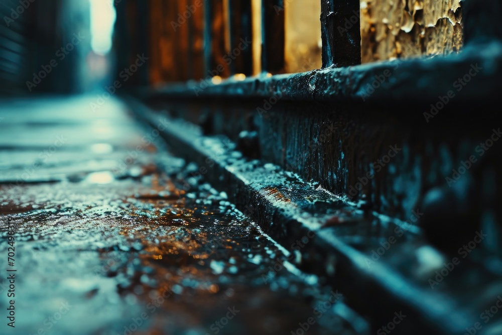 Poster wet sidewalk with a building in the background. perfect for urban and cityscape themes
