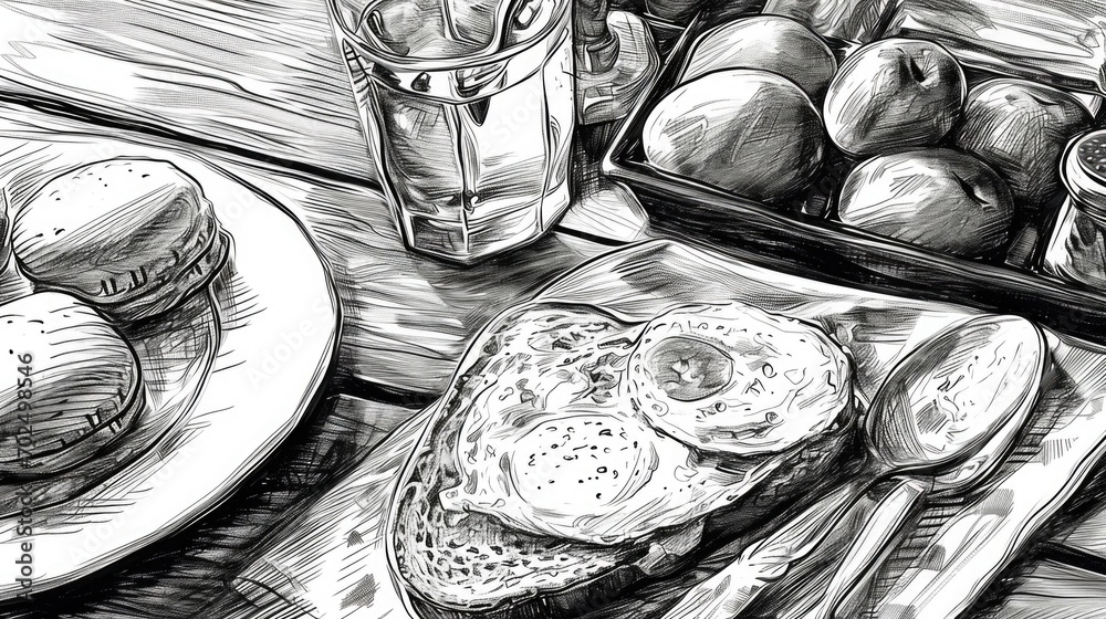 Poster A simple drawing of a plate filled with eggs and bread. Perfect for illustrating a delicious breakfast or brunch.