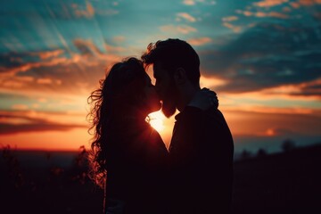 A romantic moment captured as a man and a woman share a passionate kiss against the backdrop of a beautiful sunset. Perfect for conveying love, romance, and affection in various projects
