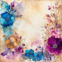 Valentines Day Romantic Alcohol Ink Watercolor Flowers on Antique Parchment Paper