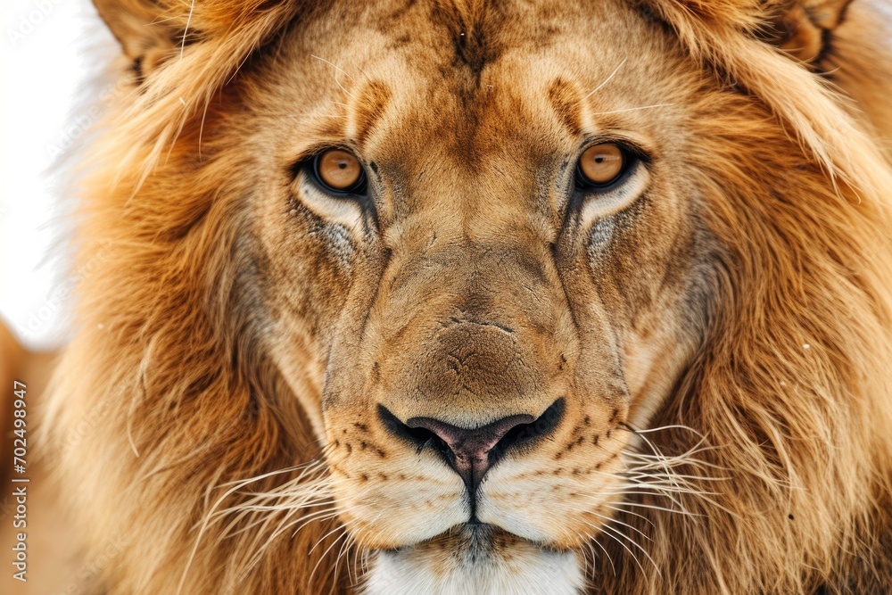 Poster a close up view of a lion's face against a white background. perfect for wildlife enthusiasts and an