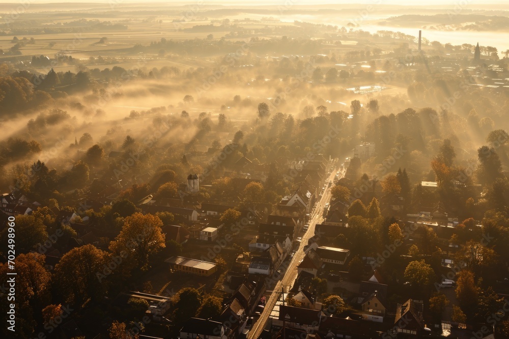 Poster A captivating aerial view of a city covered in a mysterious fog. Perfect for adding an atmospheric touch to any project or design