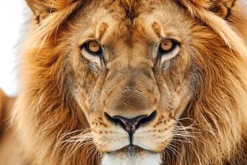 A close up view of a lion's face against a white background. Perfect for wildlife enthusiasts and animal lovers
