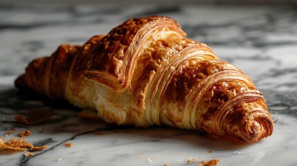 A delicious croissant sitting on a sleek marble counter top. Perfect for food and bakery-related projects