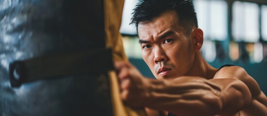 Fit Asian man exercising in a gym by punching a sandbag to build muscle for good health. - obrazy, fototapety, plakaty