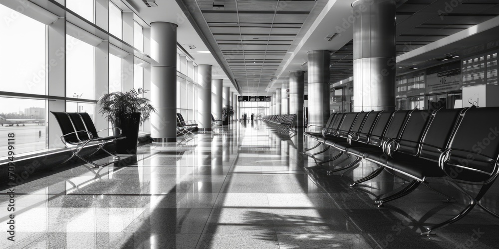 Poster a monochrome image capturing the essence of an airport. suitable for various purposes