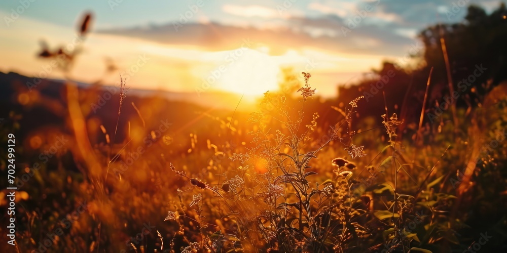 Poster a stunning image of the sun setting over a field of grass. perfect for nature enthusiasts or those s