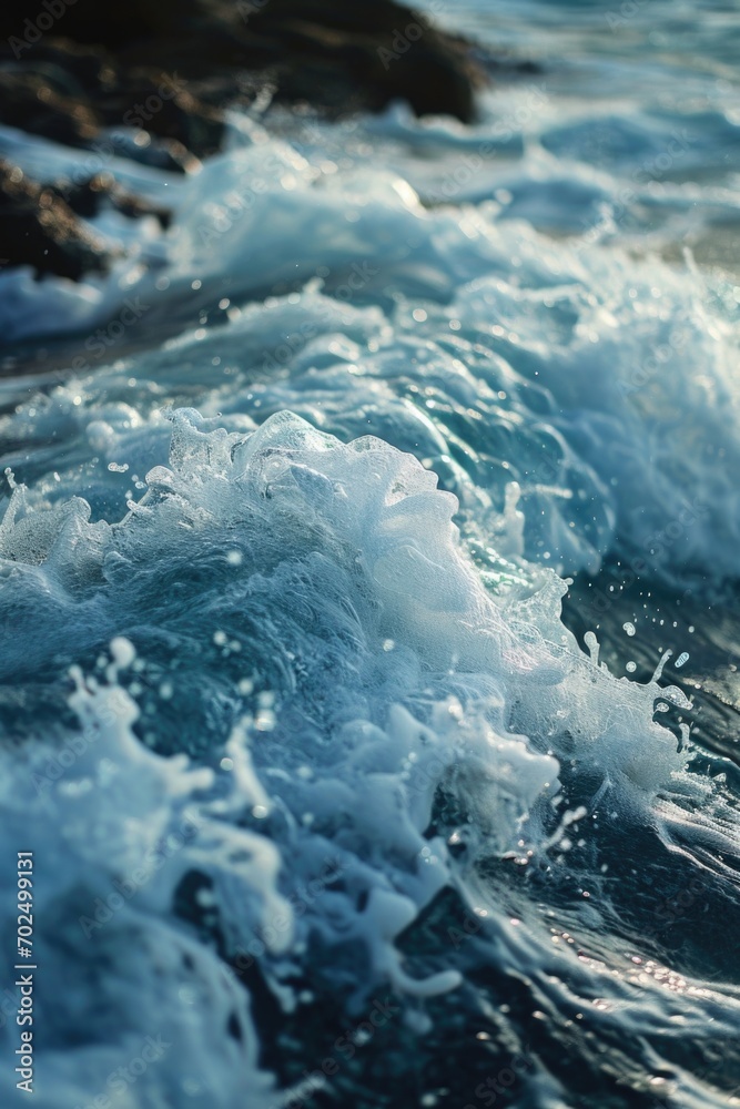 Poster A close up view of a wave in the ocean. This image can be used to depict the power and beauty of nature