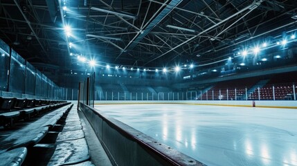 An empty hockey rink with lights shining on the ice. Perfect for sports-related designs and marketing materials