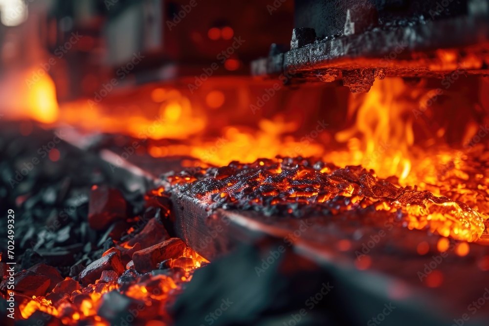 Poster A close-up view of a fire blazing in a factory. This image captures the intensity and danger of the fire. Perfect for illustrating industrial accidents or emergency situations