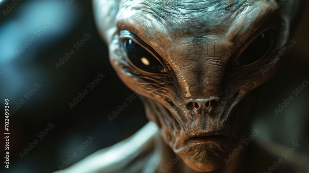Poster A close-up view of a peculiar and otherworldly alien creature. Suitable for science fiction themes and extraterrestrial concepts