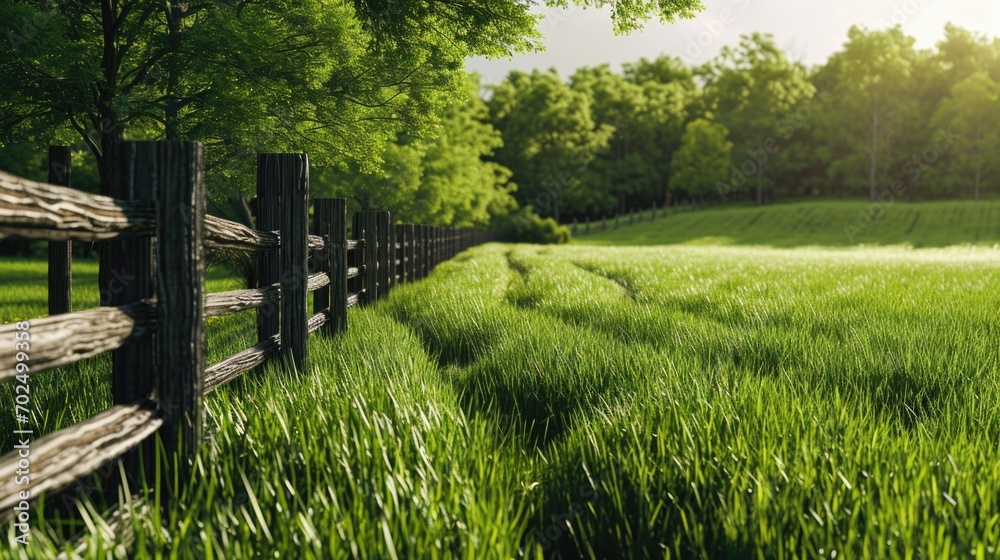 Aufkleber a picture of a wooden fence standing in the middle of a lush green grassy field. suitable for variou