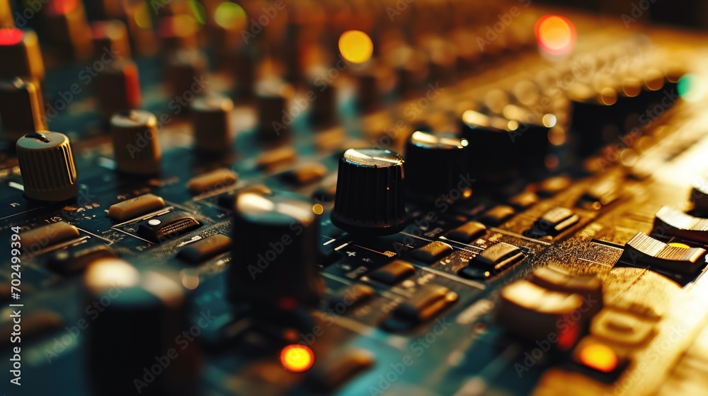 Aufkleber A detailed view of a sound board in a recording studio. Perfect for illustrating the technical aspects of audio production.