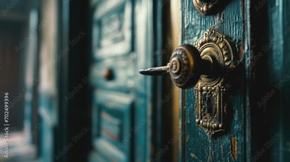 Poster A close up view of a door handle on a green door. This image can be used to depict concepts such as home security, entrance, or interior design