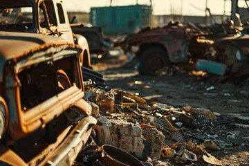 An old rusted truck sitting in a junkyard. Perfect for industrial or abandoned themed projects