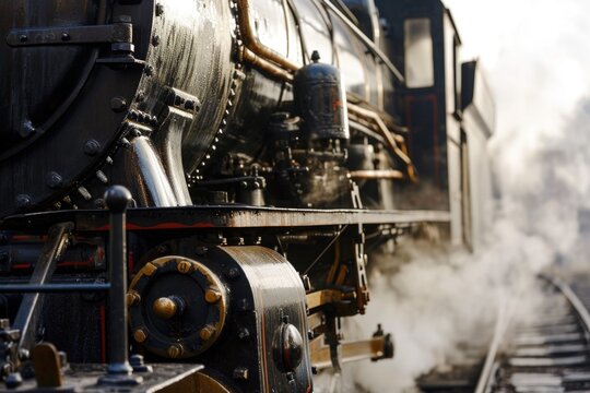A steam engine train is pictured as it travels down the train tracks. This image can be used to depict transportation, nostalgia, or the history of steam-powered locomotives