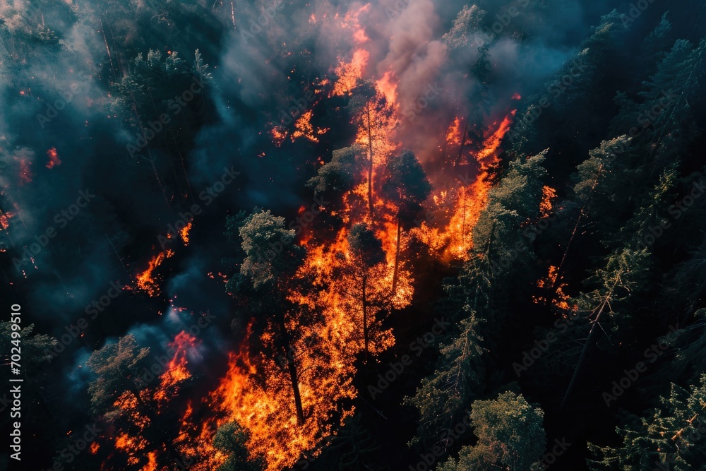 Poster a large fire burning through a forest. suitable for illustrating the destructive power of wildfires 
