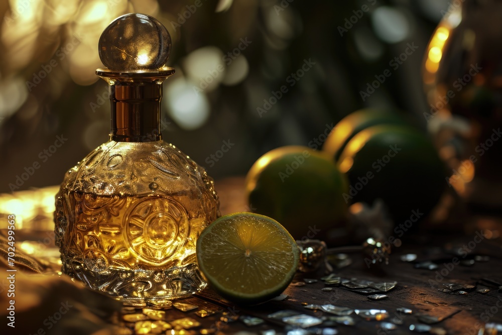 Aufkleber A close-up view of an alcohol bottle with a lime placed on a table. Suitable for food and beverage related projects