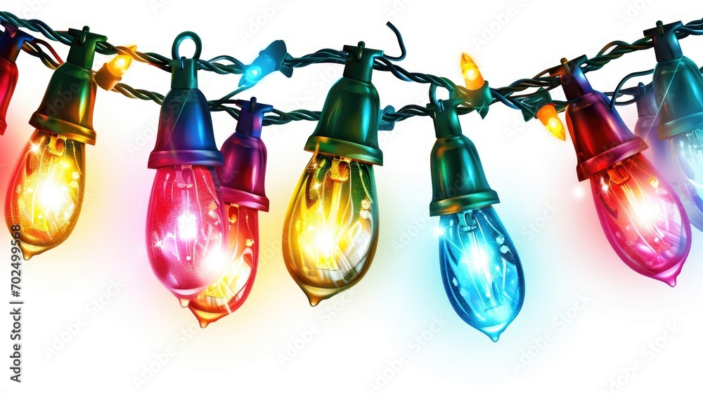 Poster String of multicolored Christmas lights on a white background. Perfect for adding festive charm to holiday decorations or creating a warm and joyful atmosphere