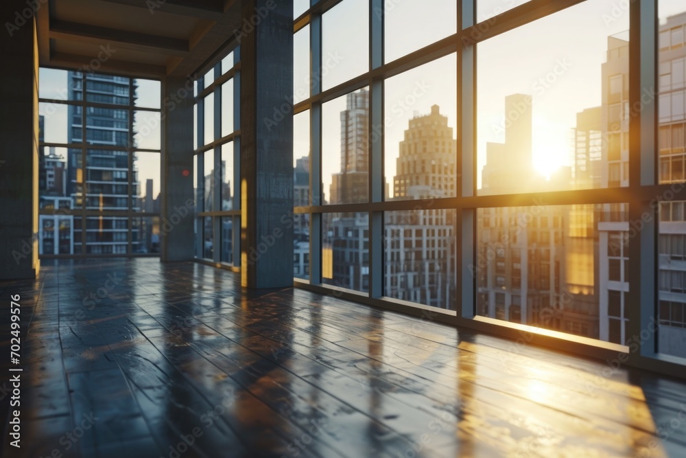 Poster an empty room with a view of a city. suitable for real estate or interior design concepts
