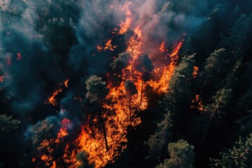 A large fire burning through a forest. Suitable for illustrating the destructive power of wildfires and the need for fire prevention measures