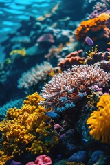Fototapeta na wymiar A vibrant coral reef showcasing a multitude of different colors. Perfect for marine enthusiasts or educational materials on marine ecosystems