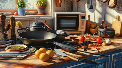Fotobehang A kitchen counter featuring a pan, knife, and various utensils. Ideal for showcasing cooking and food preparation © Fotograf
