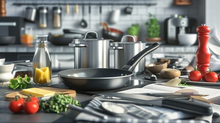 A kitchen counter with various pots and pans. Perfect for showcasing a well-equipped kitchen.