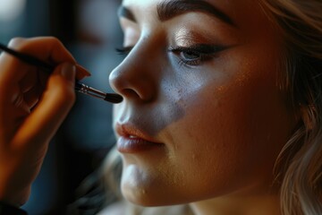 A close-up of a woman holding a brush in her mouth. This image can be used to depict creativity, multitasking, or a person engaged in an artistic activity