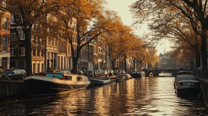 Several boats are docked along a canal in the city. Suitable for travel and urban lifestyle themes