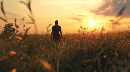 A man standing in a field of tall grass. Perfect for nature and outdoor themes - obrazy, fototapety, plakaty