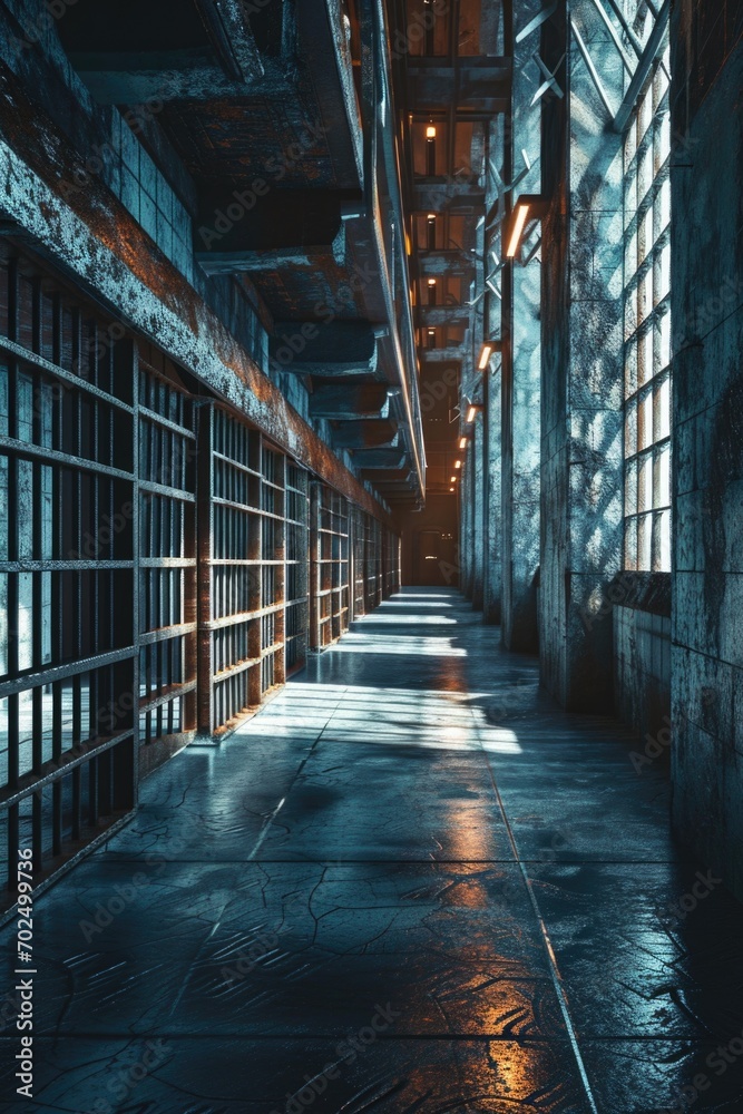 Poster a picture of a long hallway with numerous windows and bars. suitable for illustrating confinement or