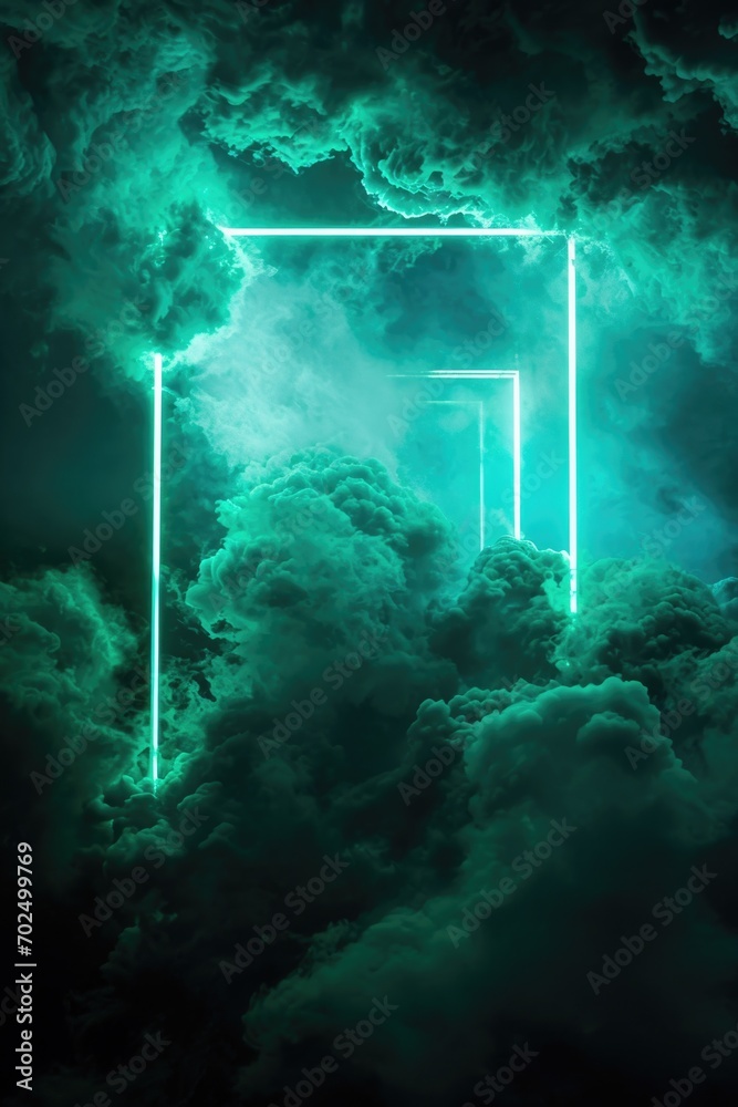 Aufkleber A green neon frame is illuminated in the middle of a dark cloud-filled sky. This image can be used to add a futuristic or dramatic touch to various design projects