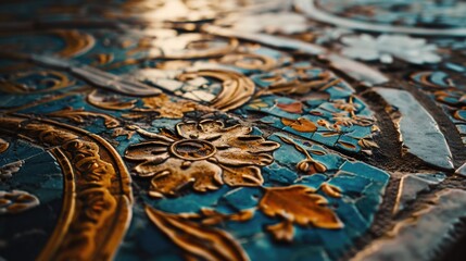 A close up view of a blue and gold table cloth. Perfect for adding a touch of elegance to any dining or event setting