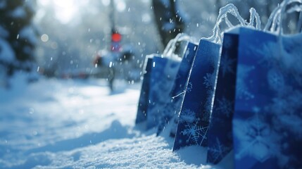 Blue shopping bags sitting in the snow. Perfect for winter shopping or holiday sales promotions