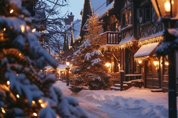 A picturesque snowy street adorned with beautifully lit Christmas trees. Perfect for holiday-themed designs and festive decorations