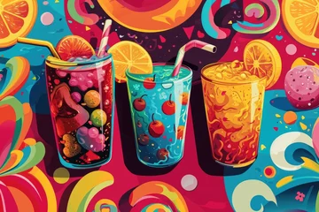 Fotobehang A painting featuring three glasses of drinks on a vibrant and colorful background. Perfect for adding a pop of color to any design or project © Fotograf