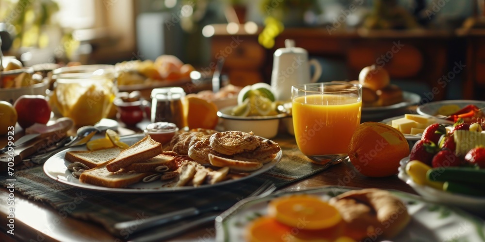 Poster a table filled with plates of food and a glass of orange juice. ideal for food-related projects or r