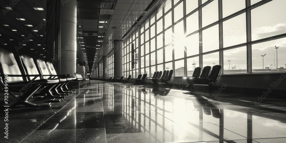 Poster black and white photo of chairs in an airport terminal. suitable for travel-related articles and blo