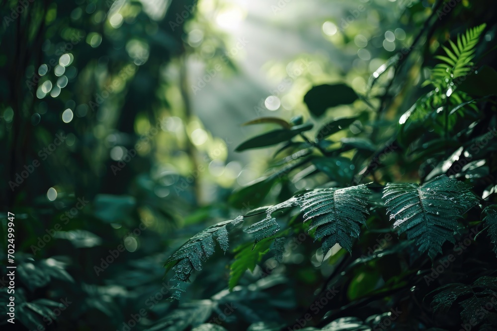 Poster a picture showcasing a dense and vibrant green forest with an abundance of leaves. suitable for vari