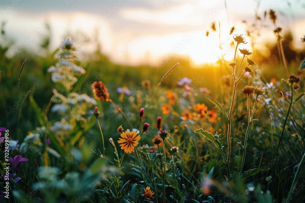 Poster a beautiful field of wildflowers with the sun setting in the background. perfect for nature and land