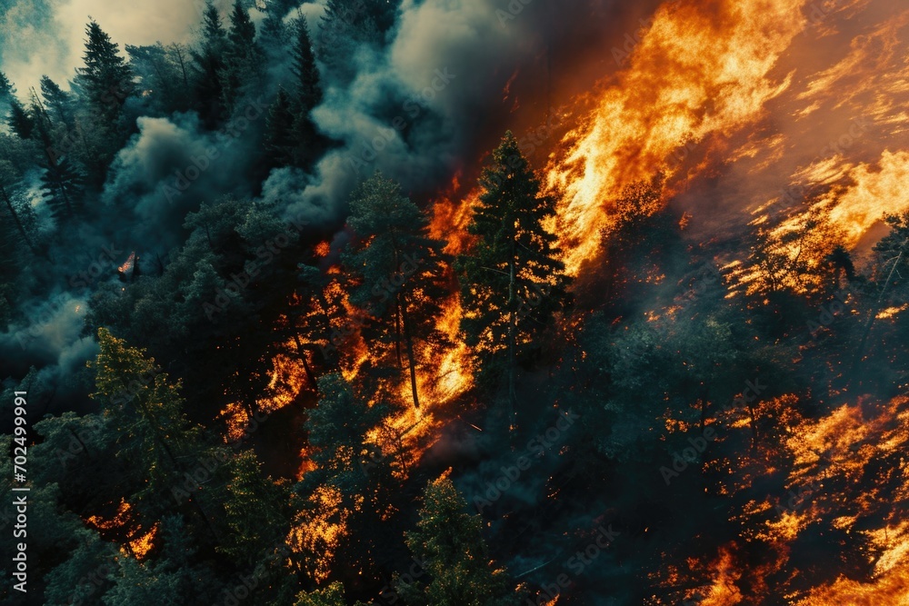 Poster a large fire burning through a forest. can be used to illustrate the destructive power of wildfires
