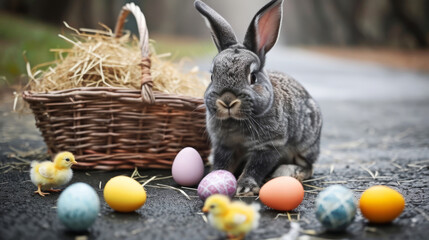 An adorable bunny with a basket and pretty decorated eggs. 
