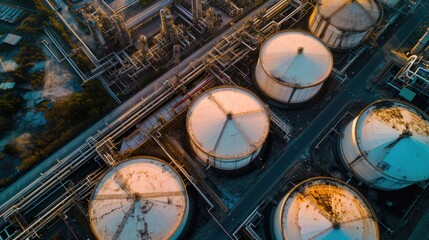 A bird's eye view of oil tanks in an industrial area. This image captures the scale and...
