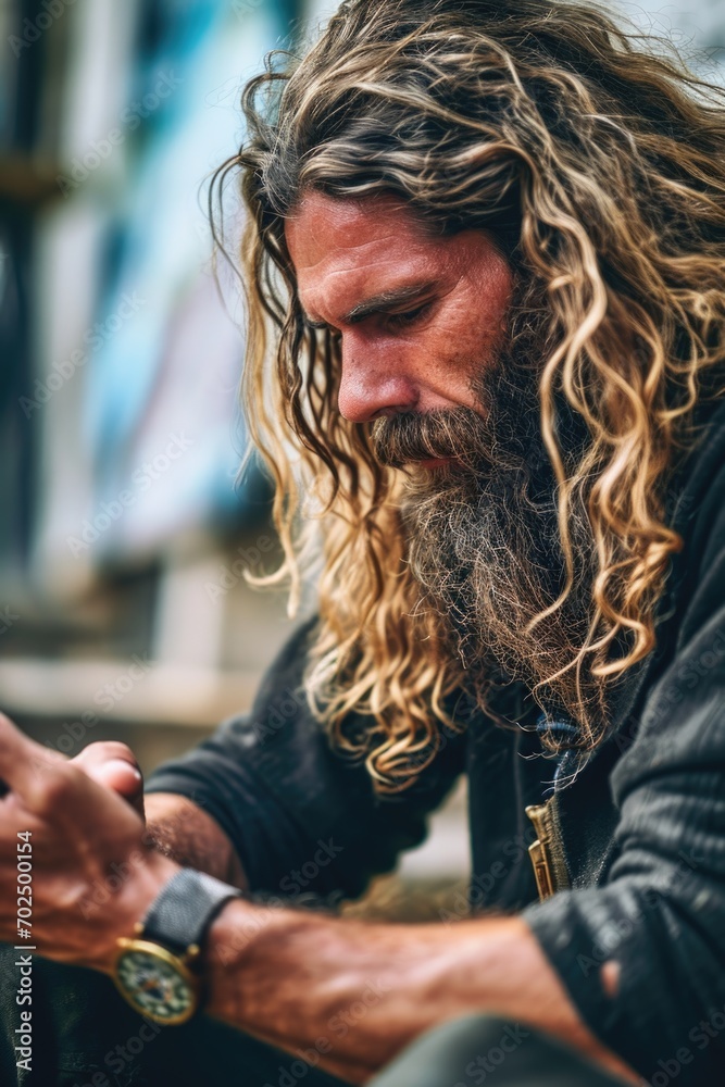 Aufkleber a man with long hair and a beard is using a cell phone. this image can be used to depict modern tech
